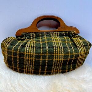 Green Plaid Tartan 1940s Wood Handle Bag Made in Florence